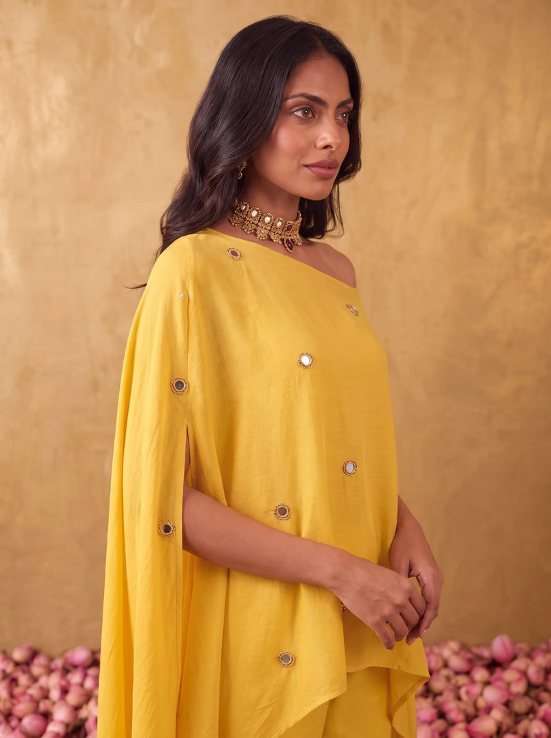 One shoulder cape top with straight fit pants in Mustard yellow