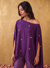 One shoulder cape top with straight fit pants in Purple