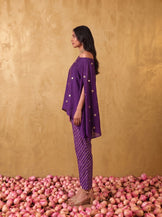 One shoulder cape top with straight fit pants in Purple