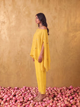 One shoulder cape top with straight fit pants in Mustard yellow