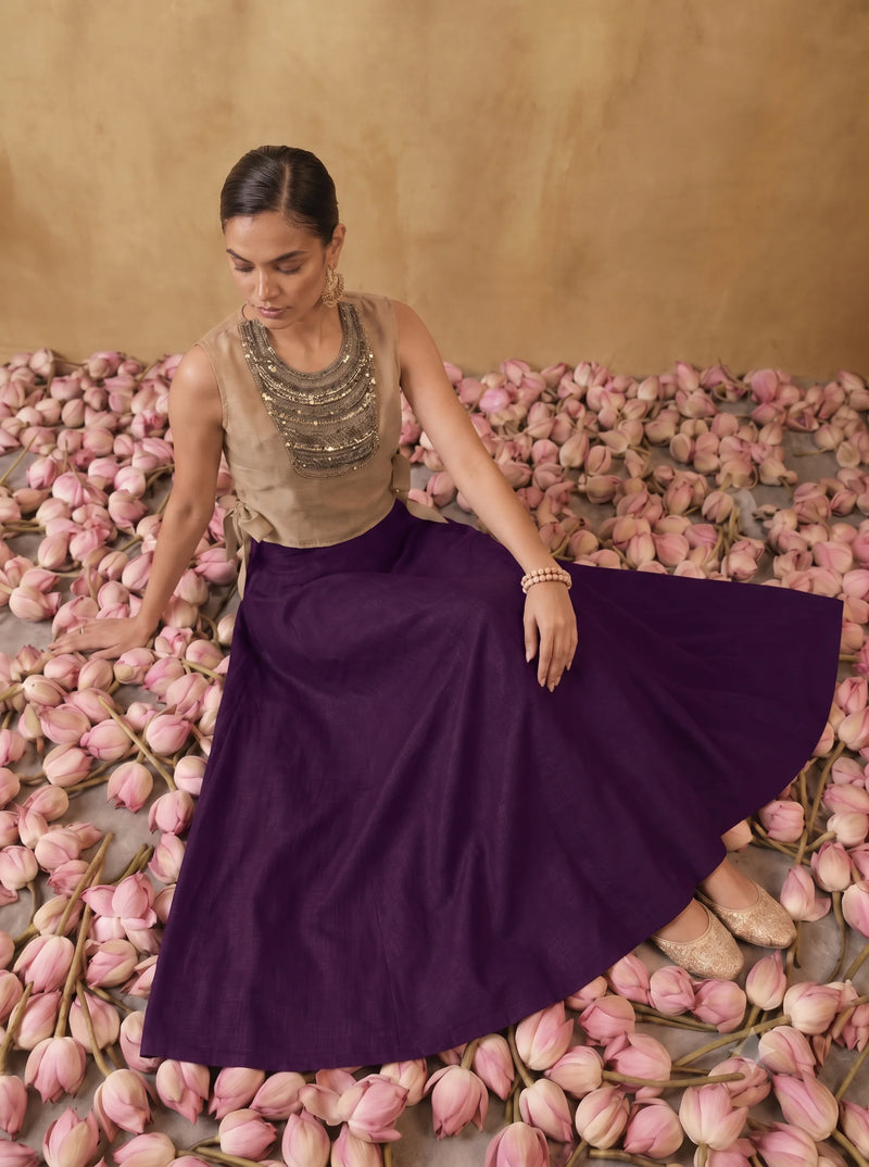 Embellished Chanderi Bib with Purple Sweetheart neck Dress
