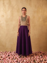 Embellished Chanderi Bib with Purple Sweetheart neck Dress