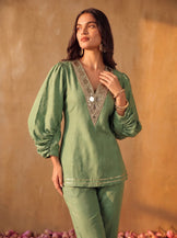 Puff sleeve V-neck mirrorwork coord set in sage green