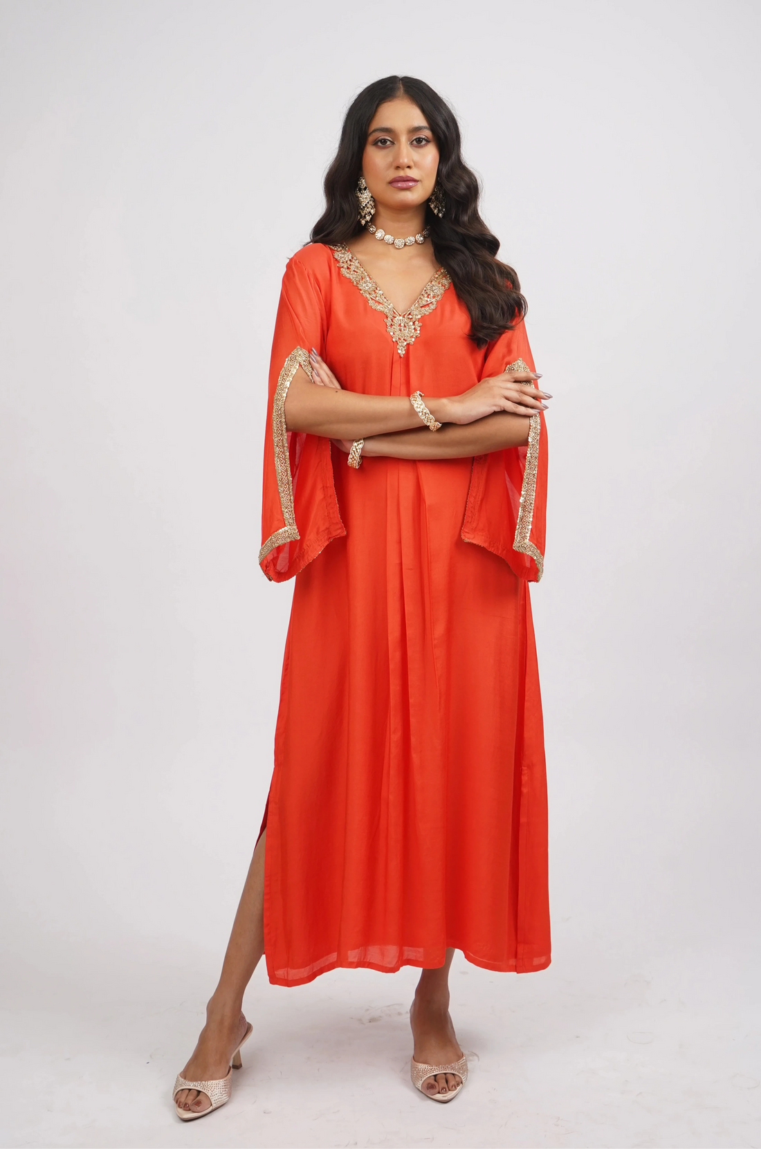 Gulabo &amp; Gold Woven Muslin Embroidered Kaftaan