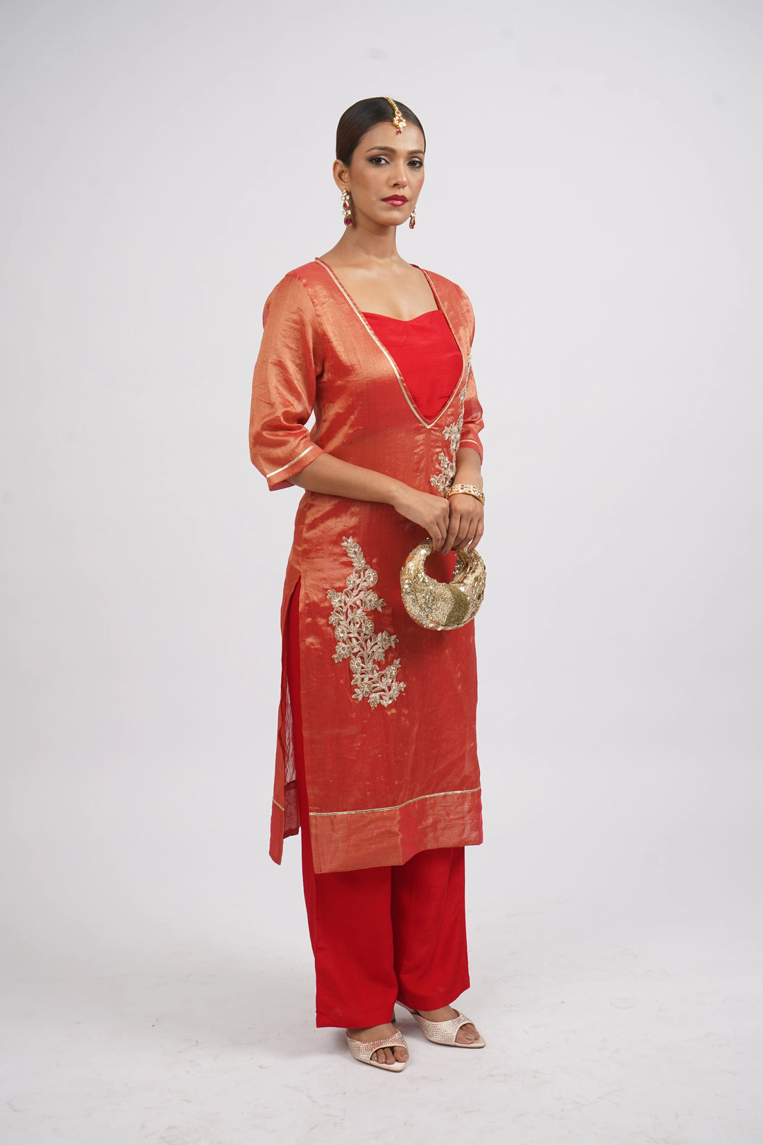 Crimson Glimmer Woven Chanderi &amp; Raw Silk Set (3pcs set)