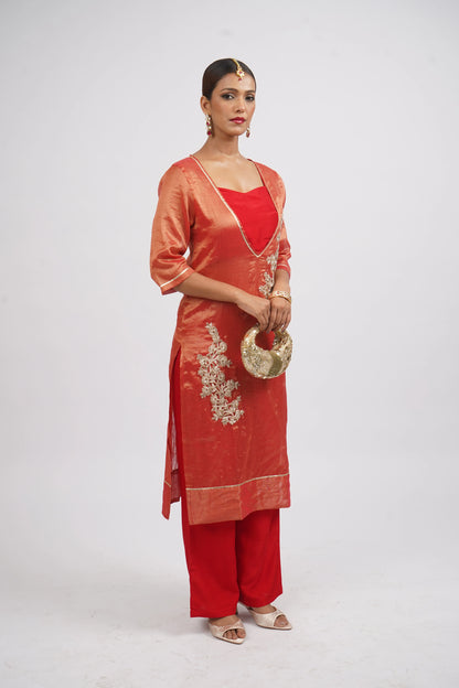 Crimson Glimmer Woven Chanderi &amp; Raw Silk Set (3pcs set)