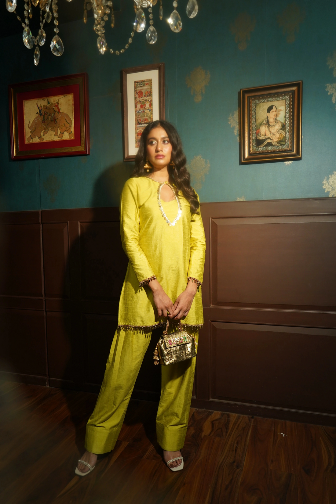 Lime Crush Raw Silk Top &amp; Farshi Set