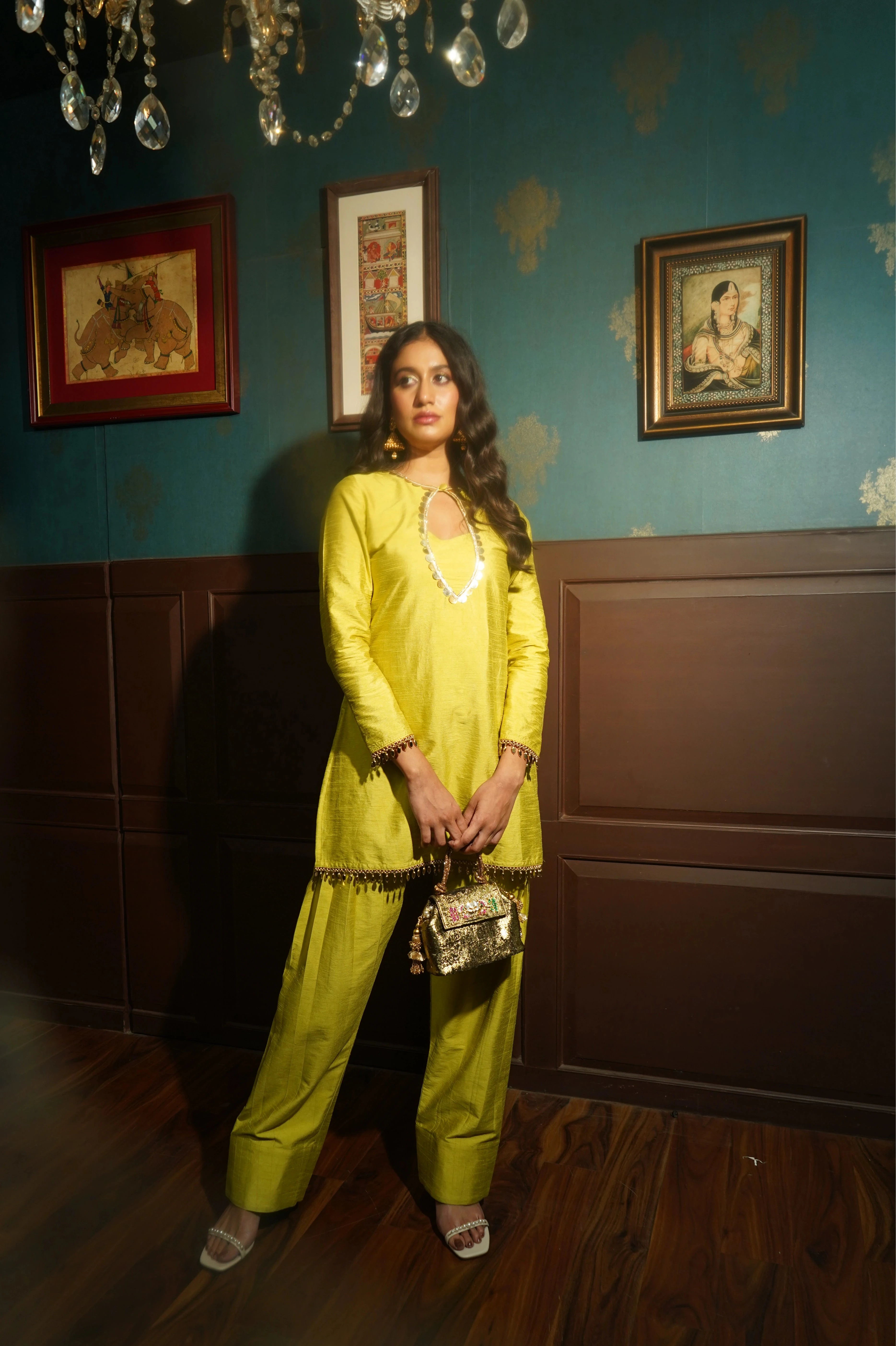 Lime Crush Raw Silk Top &amp; Farshi Set