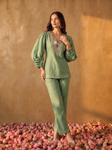 Puff sleeve V-neck mirrorwork coord set in sage green