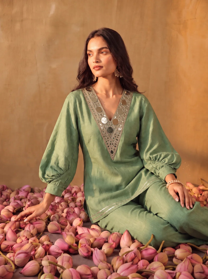 Puff sleeve V-neck mirrorwork coord set in sage green
