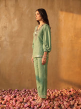 Puff sleeve V-neck mirrorwork coord set in sage green