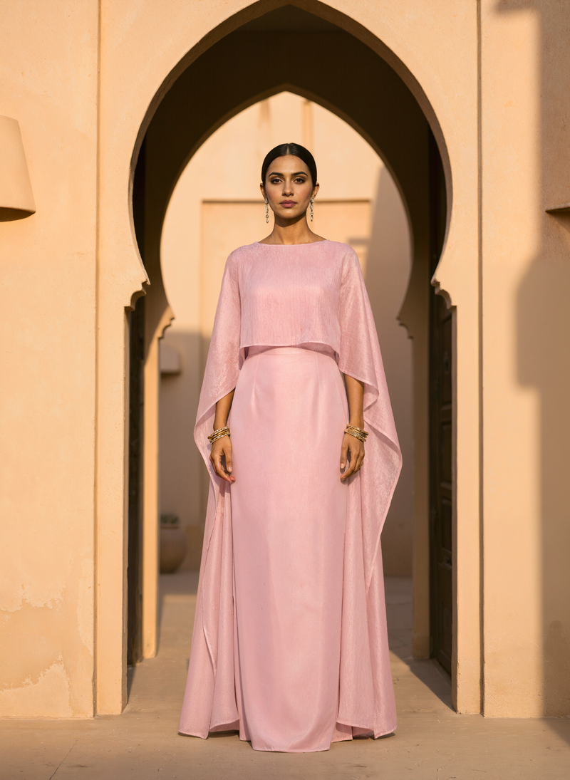 Blush Cascade Cape Dress