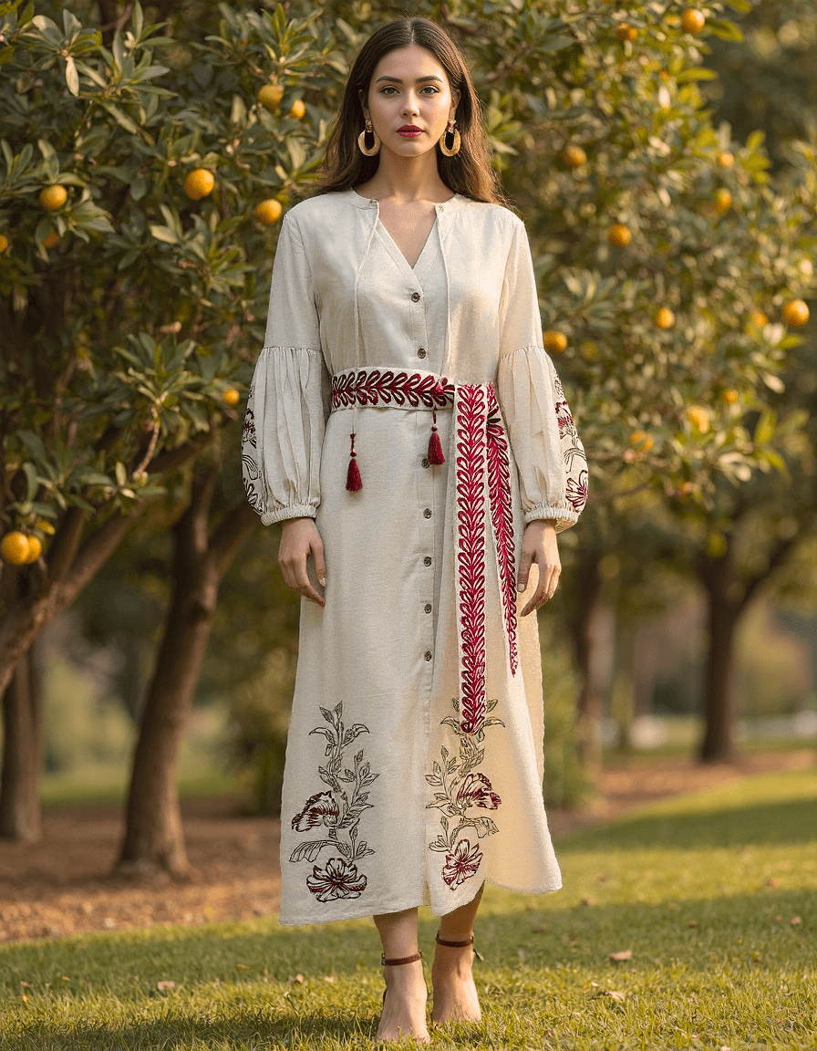Handwoven Mist &amp; Meadow Embroidered Dress