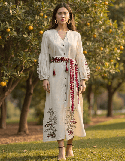 Handwoven Mist &amp; Meadow Embroidered Dress