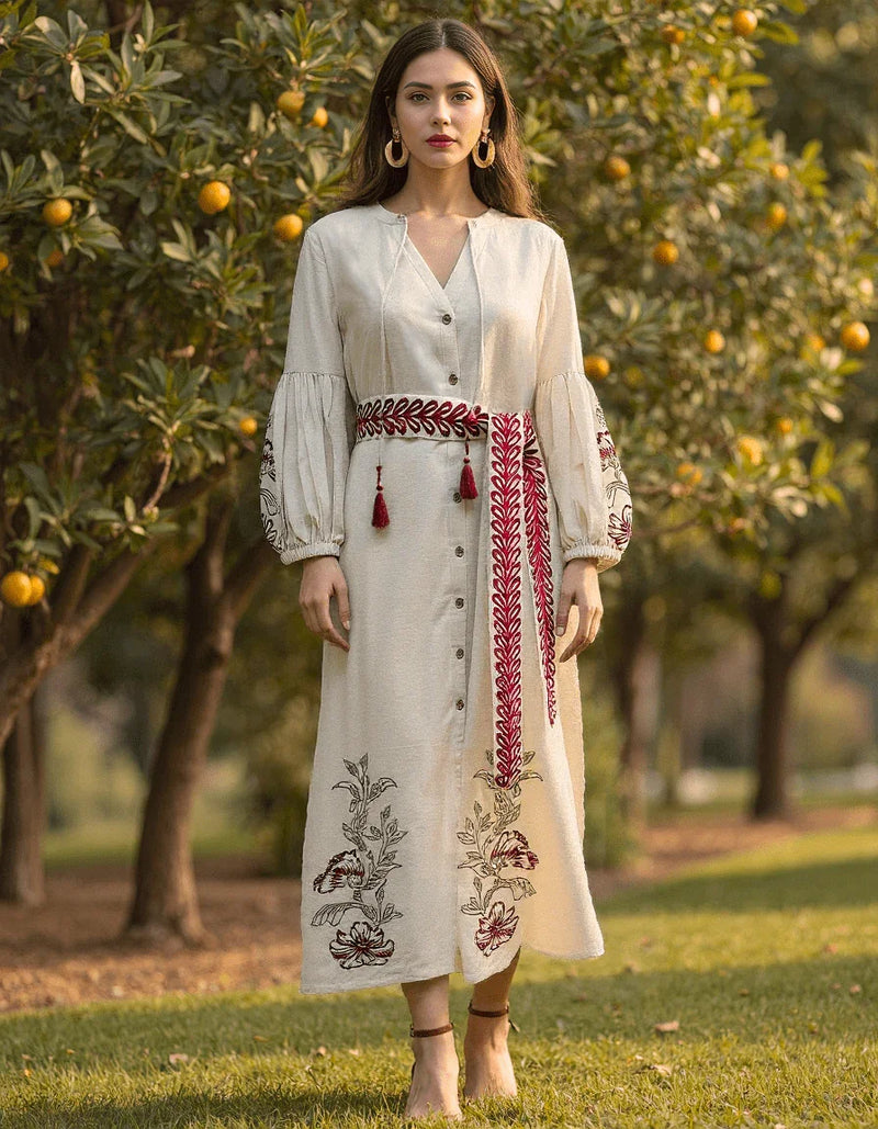 Handwoven Mist &amp; Meadow Embroidered Dress