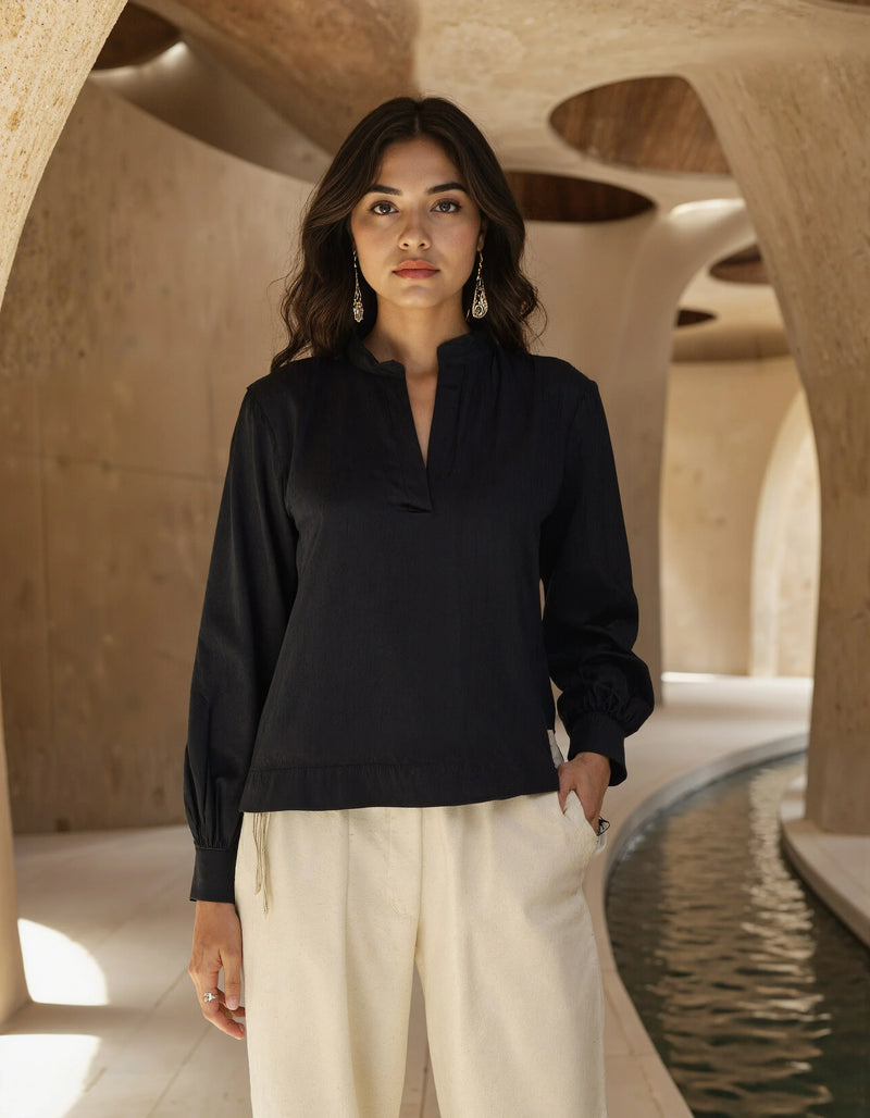 Handwoven Midnight Cotton Balloon Sleeve Top