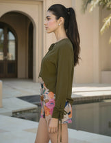 Dark Green Petals Drawstring top with Multicolor Shorts