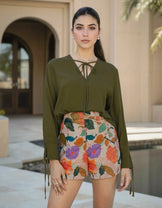 Dark Green Petals Drawstring top with Multicolor Shorts