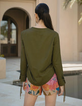 Dark Green Petals Drawstring top with Multicolor Shorts