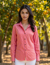 Handwoven Cotton Pink &amp; Peach Bloom Shirt