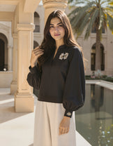 Black Balloon Sleeve Crystal Top