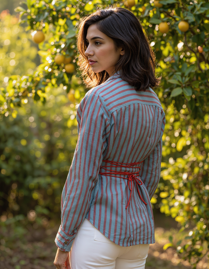 Handwoven Cotton Red &amp; Teal Bloom Shirt