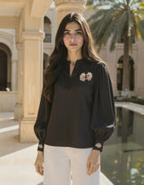Black Balloon Sleeve Crystal Top