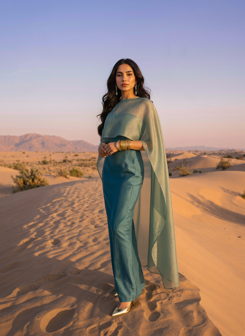 Teal Reviere Cape Dress