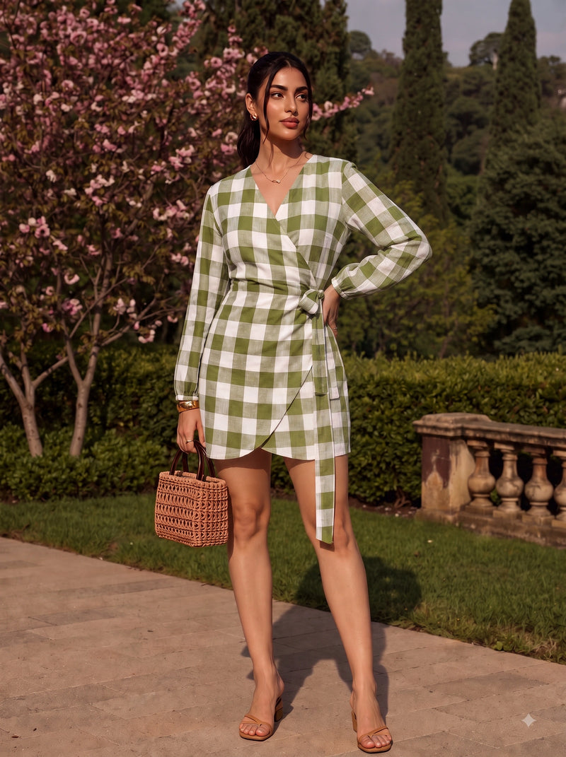Handwoven cotton Checked Positano Wrap Dress