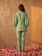 Puff sleeve V-neck mirrorwork coord set in sage green