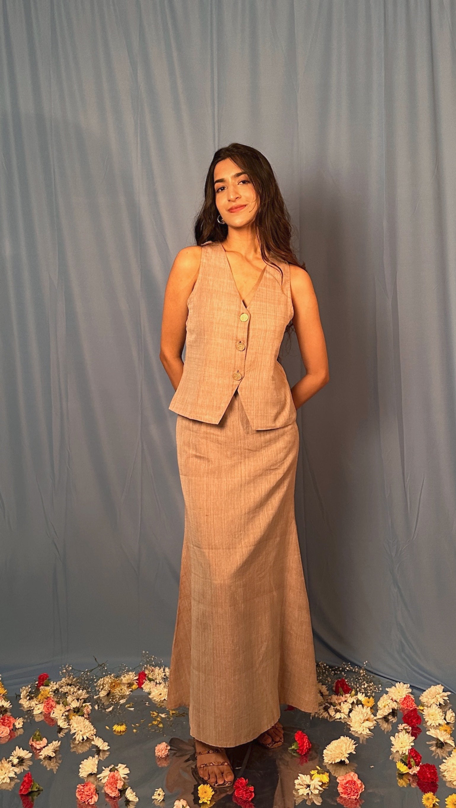 Handwoven Mocha Vest And Long Skirt