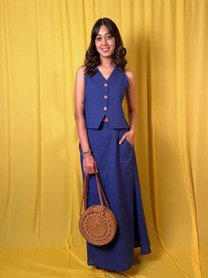 Handwoven Cobalt Blue Vest and Long Skirt