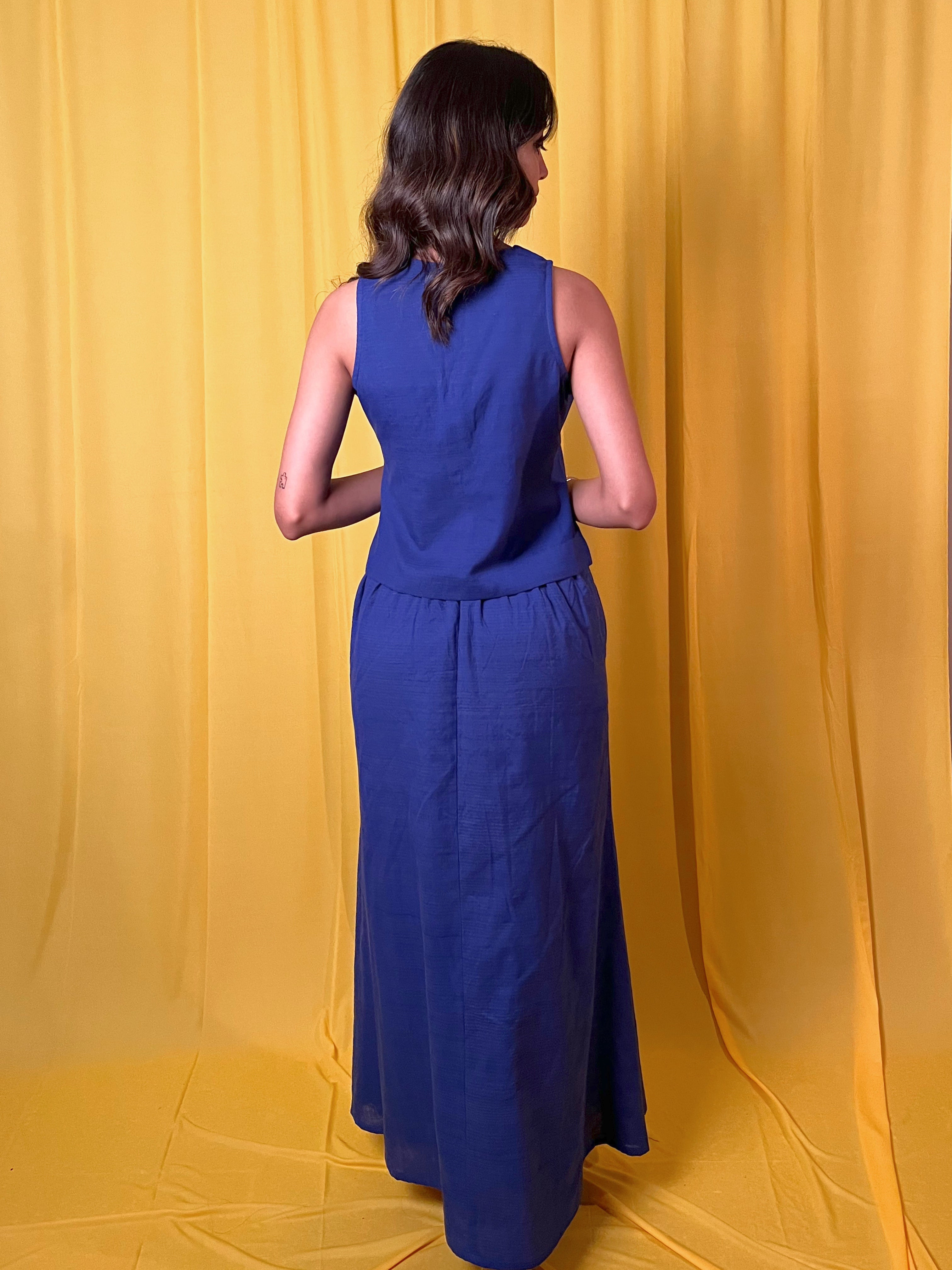 Handwoven Cobalt Blue Vest and Long Skirt